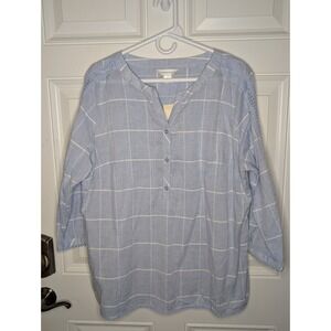Christopher & Banks Women's XL Blue V-Neck Window Pane Blouse Embroidered NWT